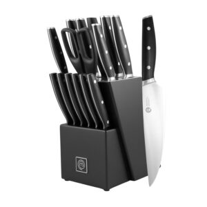 masterchef kitchen knife set with block and sharpener plus scissors, 15pc chef knife set of professional grade kitchen knives with sharpened high carbon stainless steel blades & triple riveted handles