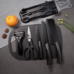 Magicorange 7-Piece Kitchen Knife Set - 5 Black Stainless Steel Knives with Sheaths, Cutting Board, and a Knife Block- Stainless Steel Kitchen Knives with PP Ergonomic Handle (Black)