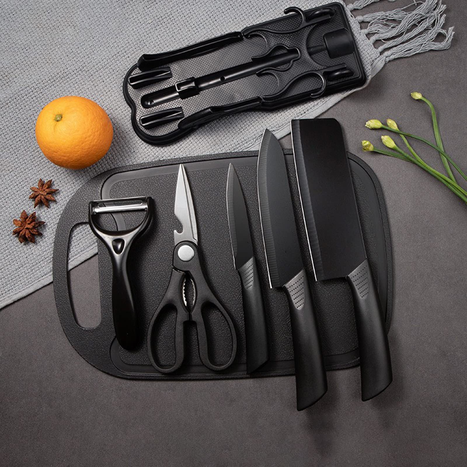 Magicorange 7-Piece Kitchen Knife Set - 5 Black Stainless Steel Knives with Sheaths, Cutting Board, and a Knife Block- Stainless Steel Kitchen Knives with PP Ergonomic Handle (Black)