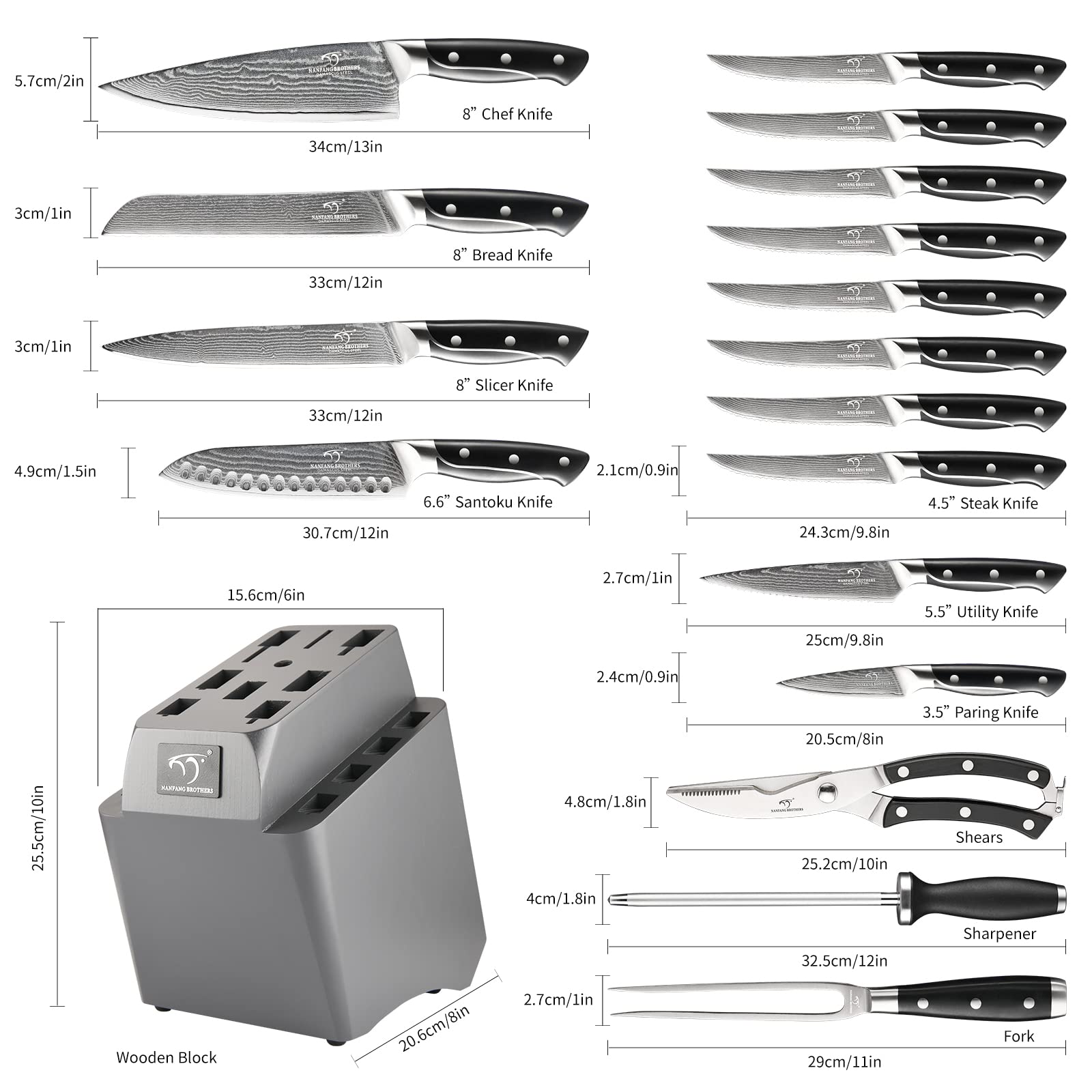 18 Pieces Damascus Kitchen Knife Set, 8 Piece Steak Knives, Non-slip ABS Ergonomic Triple Rivet Handle for Meat Fork, Knife Sharpener and Shears, 17 Slots Fraxinus Manchuria Knife Block (Grey)