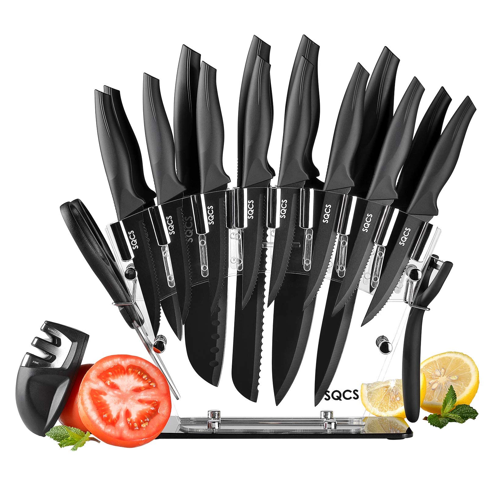 Rainbow Knife Set 18 Pcs Kitchen Knives Set Sharp Stainless Steel Knife Sets Contain 8 Steak Knives Sharpener Peeler Clear Acrylic Stand Beautiful Knife Best Gift (Black 18PCS Set)