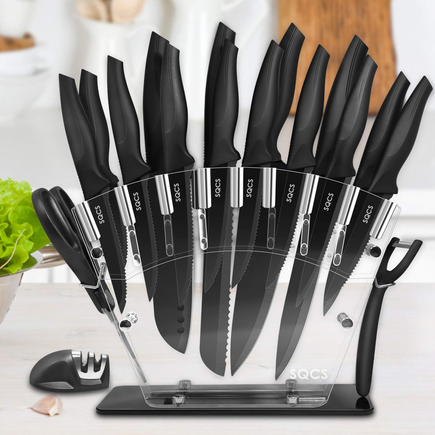 Rainbow Knife Set 18 Pcs Kitchen Knives Set Sharp Stainless Steel Knife Sets Contain 8 Steak Knives Sharpener Peeler Clear Acrylic Stand Beautiful Knife Best Gift (Black 18PCS Set)