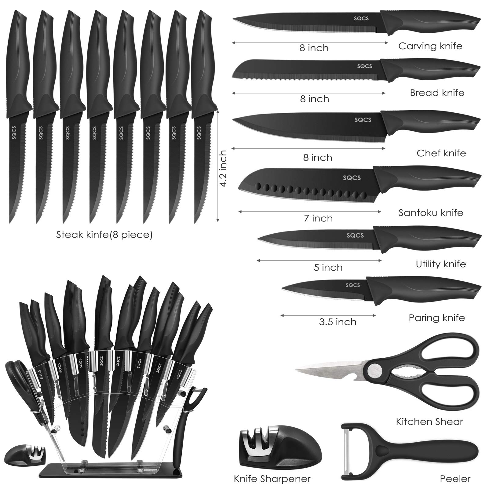 Rainbow Knife Set 18 Pcs Kitchen Knives Set Sharp Stainless Steel Knife Sets Contain 8 Steak Knives Sharpener Peeler Clear Acrylic Stand Beautiful Knife Best Gift (Black 18PCS Set)