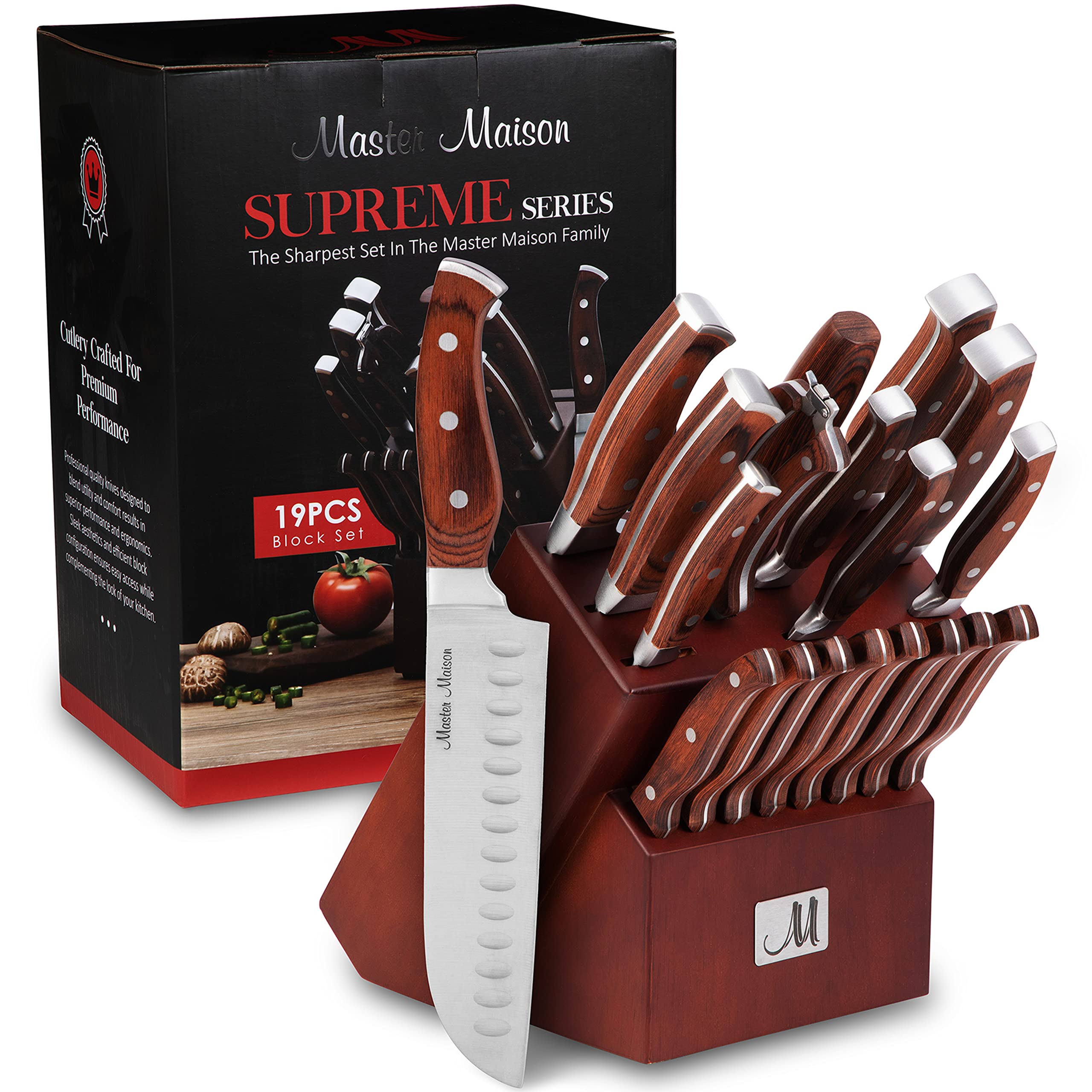 Master Maison 19-Piece Premium Kitchen Knife Set with Wooden Block and Knife Sharpener - German Stainless Steel Cutlery (Walnut)