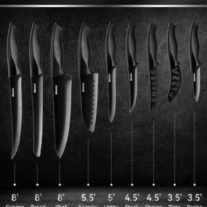 MIDONE Knife Set with Block, 17 Pieces Kitchen Knife Set with Built in Knife Sharpener Block, German Stainless Steel Knife Block Set, Elegant Black