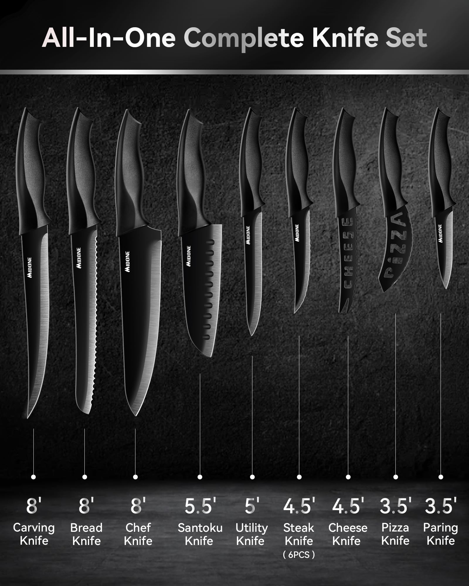 MIDONE Knife Set with Block, 17 Pieces Kitchen Knife Set with Built in Knife Sharpener Block, German Stainless Steel Knife Block Set, Elegant Black