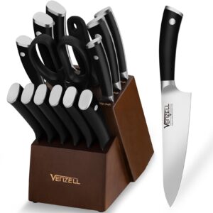 venzell 15 pcs knife set with block, premium quality high carbon stainless steel kitchen knife set