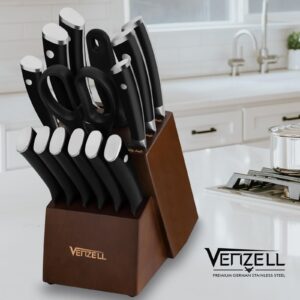 VENZELL 15 pcs Knife Set with Block, Premium Quality High Carbon Stainless Steel Kitchen Knife Set