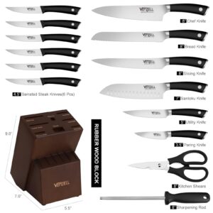 VENZELL 15 pcs Knife Set with Block, Premium Quality High Carbon Stainless Steel Kitchen Knife Set