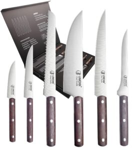 umogi kitchen knife set 6 piece with sheath covers in gift box - full tang wooden handle german stainless steel - professional cutlery knives set with chef slicing bread boning utility paring knife