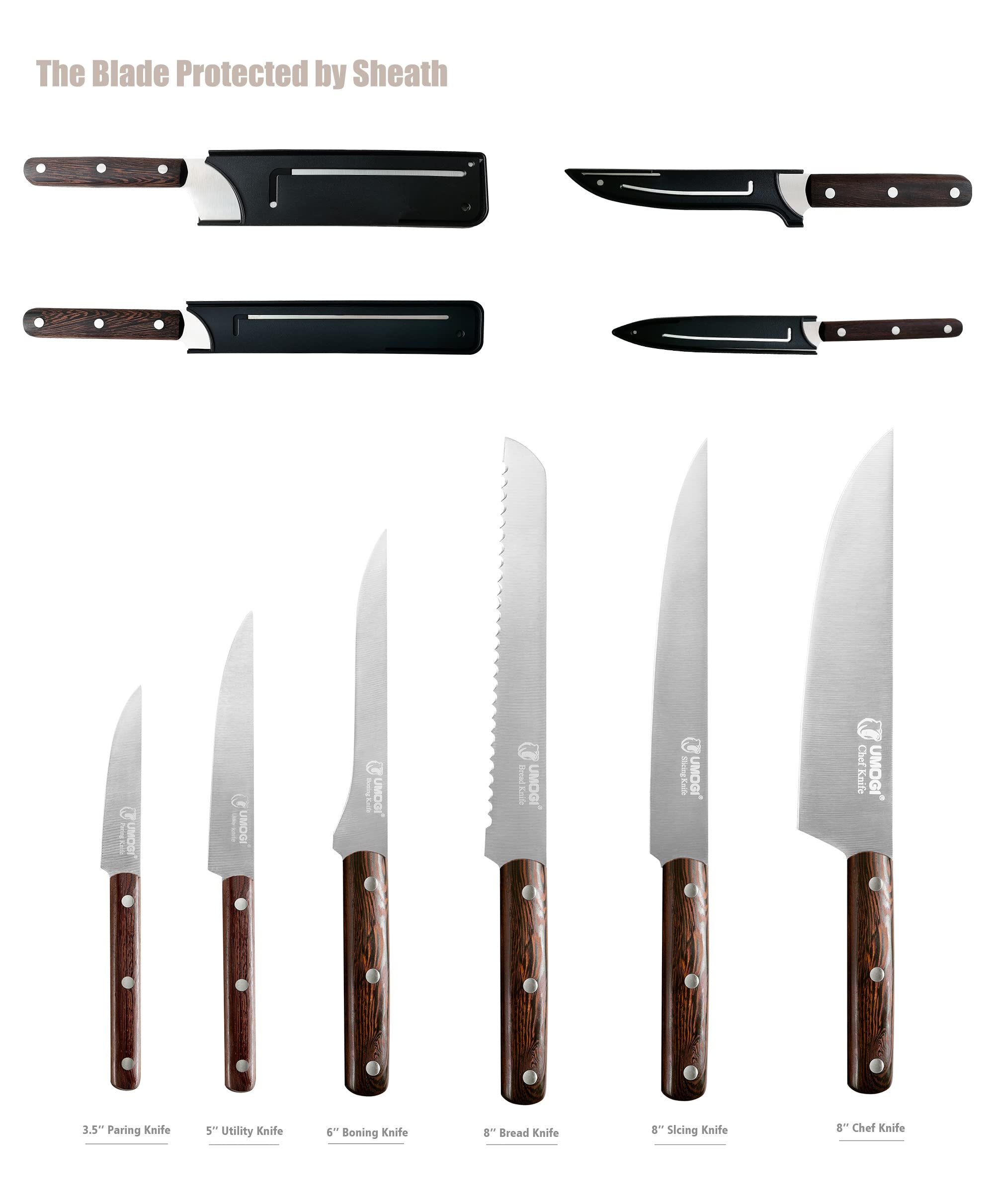 UMOGI Kitchen Knife Set 6 Piece with Sheath Covers in Gift Box - Full Tang Wooden Handle German Stainless Steel - professional Cutlery Knives Set with Chef Slicing Bread Boning Utility Paring Knife