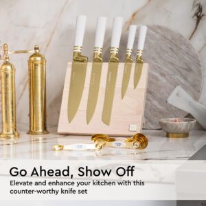 White and Gold Knife Set with Block- 6 PC White and Gold Kitchen Knife Set with Magnetic Knife Holder Includes White and Gold Knives and Ashwood Magnetic Knife Block - Gold Kitchen Accessories