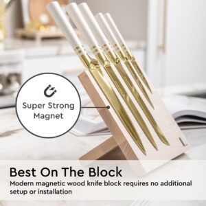 White and Gold Knife Set with Block- 6 PC White and Gold Kitchen Knife Set with Magnetic Knife Holder Includes White and Gold Knives and Ashwood Magnetic Knife Block - Gold Kitchen Accessories