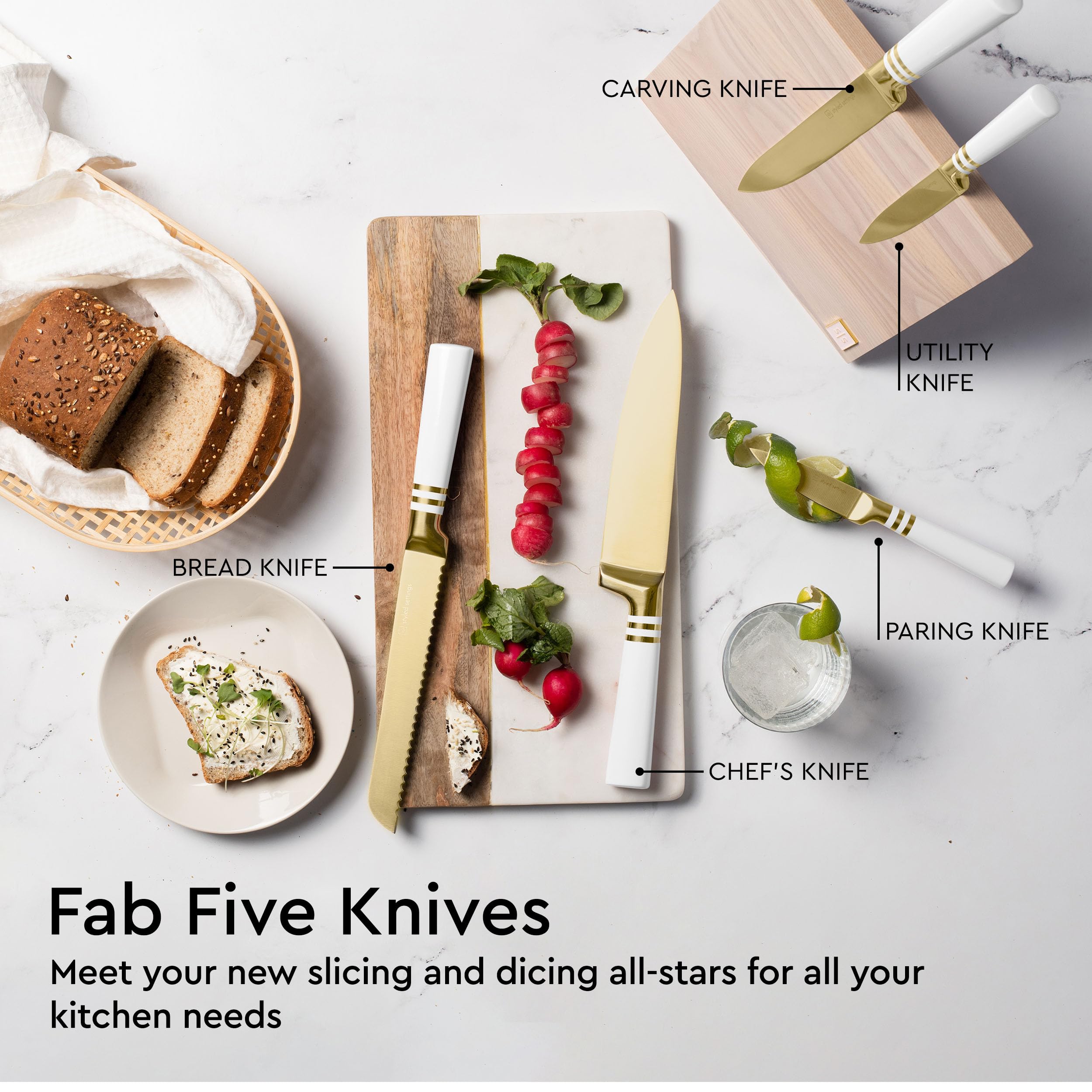 White and Gold Knife Set with Block- 6 PC White and Gold Kitchen Knife Set with Magnetic Knife Holder Includes White and Gold Knives and Ashwood Magnetic Knife Block - Gold Kitchen Accessories