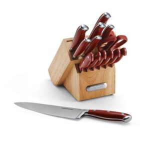 Farberware Professional 15-piece Forged Triple Riveted Knife Block Set with Built-in Edgekeeper Knife Sharpener, High-Carbon Stainless Steel Kitchen Knives, Razor-Sharp Knife set, Red