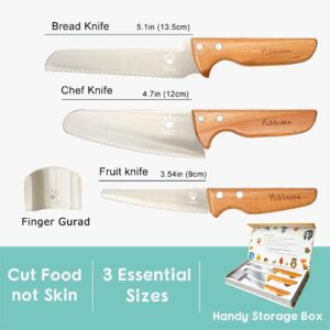 Kibbidea Kids Knife Set for Real Cooking, 4pcs Toddler Safe Kitchen Cutting Knives, Stainless Steel Blades, Children First Starter knife, BPA-free (Silver)