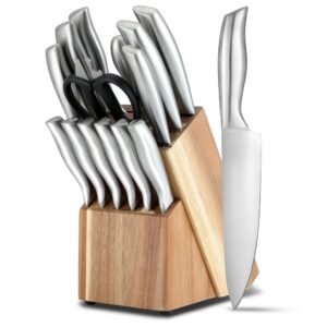 knife sets for kitchen with block, 15 piece kitchen knife set, ultra sharp chef knife set for kitchen, high carbon stainless steel knife block set with sharpener, silver