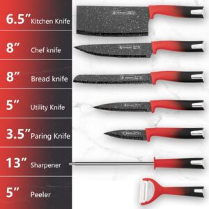 8Pcs Red Kitchen Knife Set, DUFEIMOY Chef Knife Set Professional, Stainless Steel Knife Block Set with Peeler and Knife Sharpener Rod for Cooking Meat Cutting