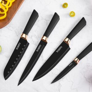 Knives Set with Acrylic Stand, 17Pcs Stainless Steel Knife Block Set includes Serrated Steak Knives Set, Chef Santoku Knives, Scissor, Sharpener and Knife Holder (Black Knife Set with Block)