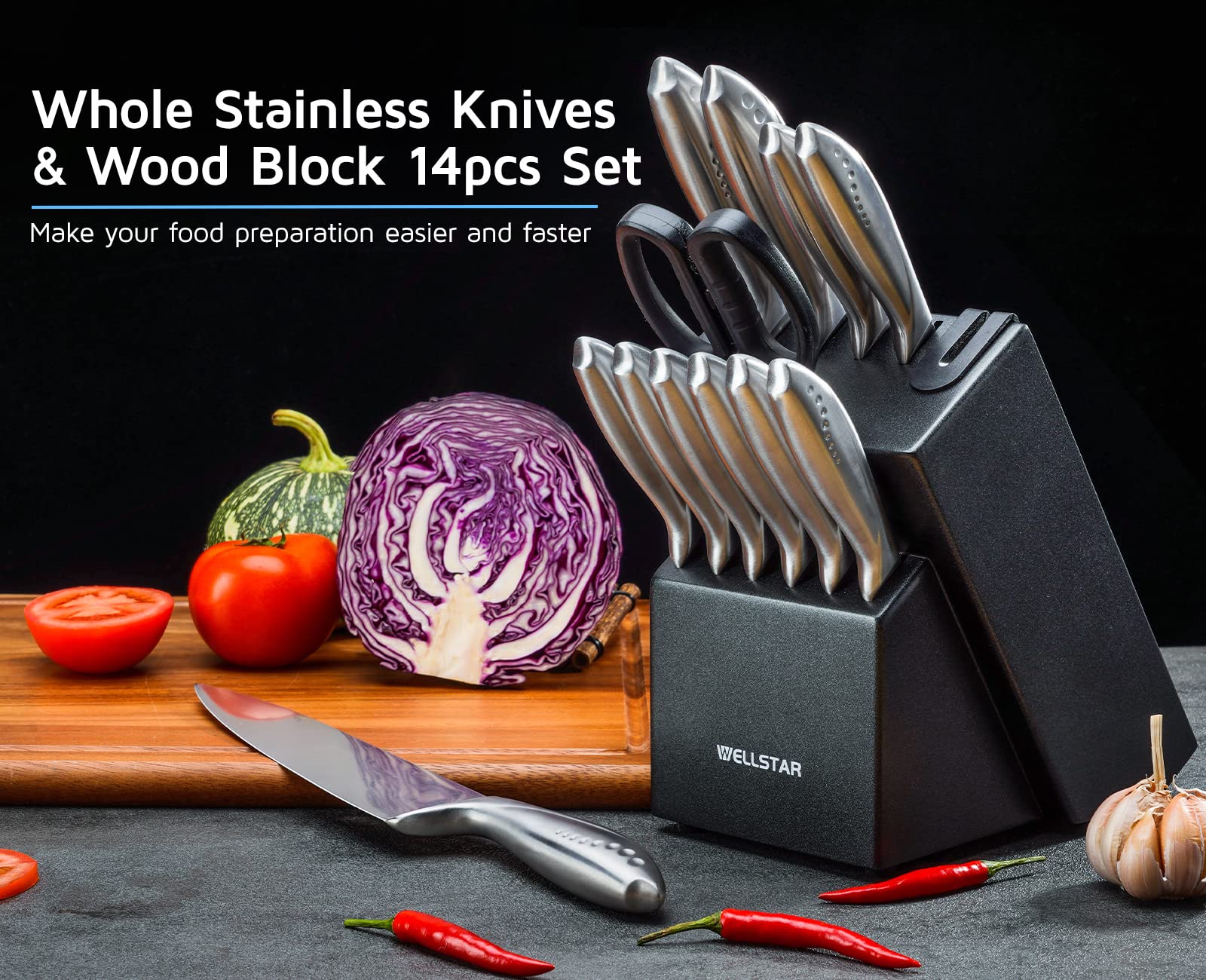 WELLSTAR Knife Set, Super Sharp German Stainless Steel Kitchen Knives Set with Wooden Block, Durable All Stainless Steel Handle, Chef’s Knife Block Set 14-Piece with Scissors and Built-in Sharpener