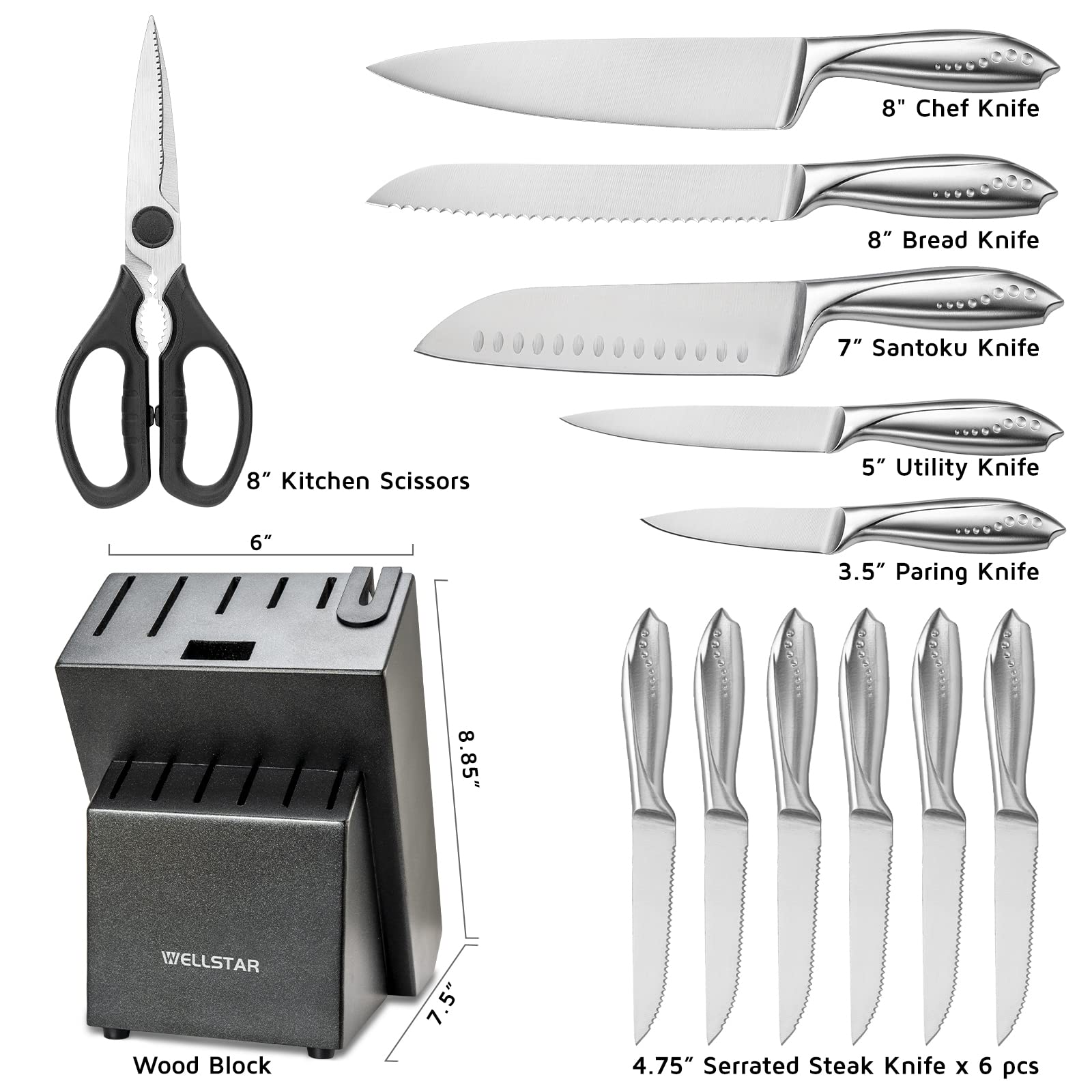 WELLSTAR Knife Set, Super Sharp German Stainless Steel Kitchen Knives Set with Wooden Block, Durable All Stainless Steel Handle, Chef’s Knife Block Set 14-Piece with Scissors and Built-in Sharpener