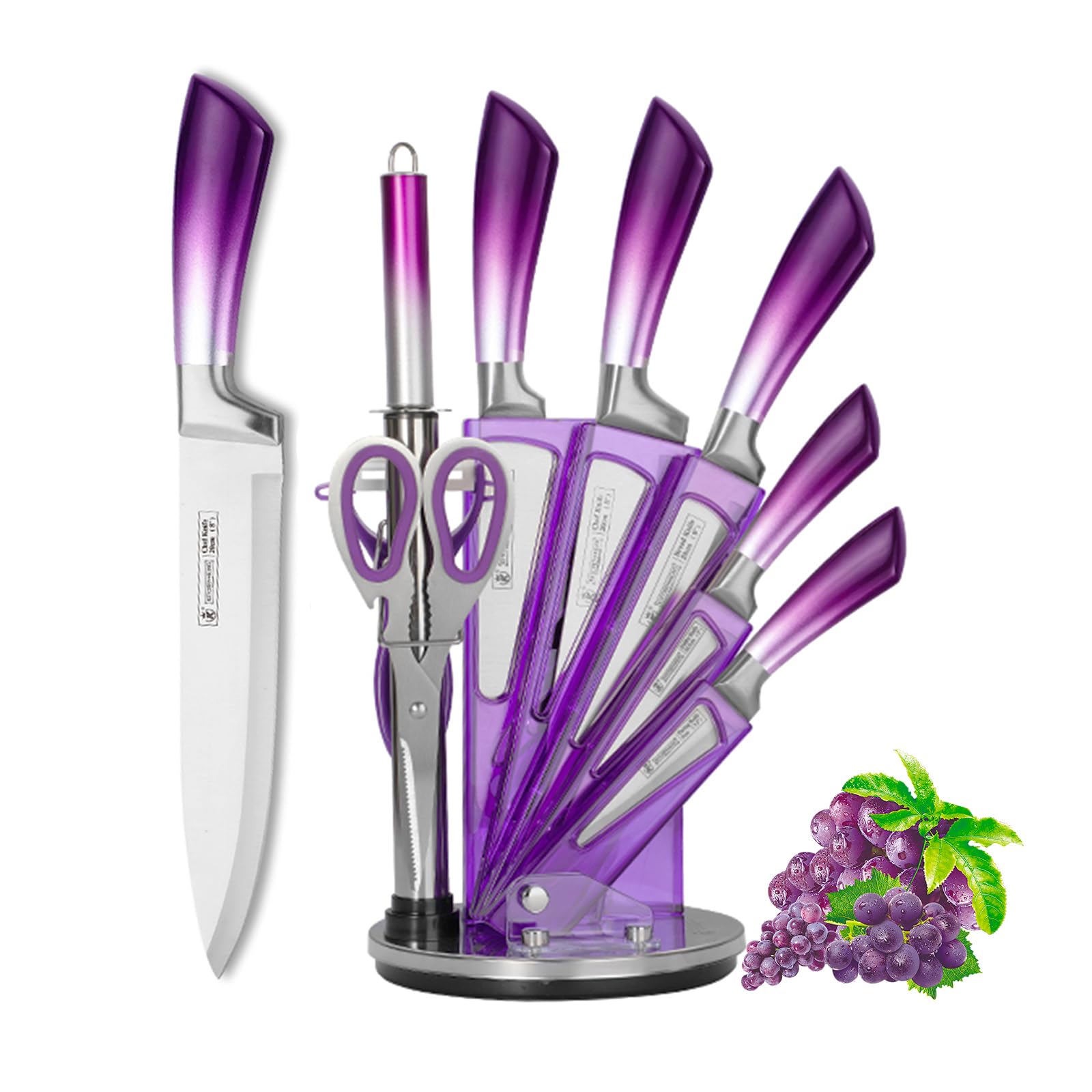 Kitchen Knife Set, 9-Piece Purple Professional Kitchen Knives Set with Acrylic Block, Non Stick Sharp Stainless Steel Chef Knife Set with Sharpener for Kitchen Cutting Kitchen Gifts for Women