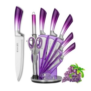 Kitchen Knife Set, 9-Piece Purple Professional Kitchen Knives Set with Acrylic Block, Non Stick Sharp Stainless Steel Chef Knife Set with Sharpener for Kitchen Cutting Kitchen Gifts for Women