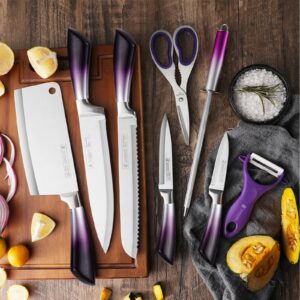 Kitchen Knife Set, 9-Piece Purple Professional Kitchen Knives Set with Acrylic Block, Non Stick Sharp Stainless Steel Chef Knife Set with Sharpener for Kitchen Cutting Kitchen Gifts for Women