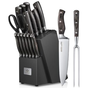 amegat 15-piece knife set with built-in sharpener and carving fork, ultra sharp knife block set with full tang design & wooden handle, high carbon stainless steel knife sets for kitchen with block