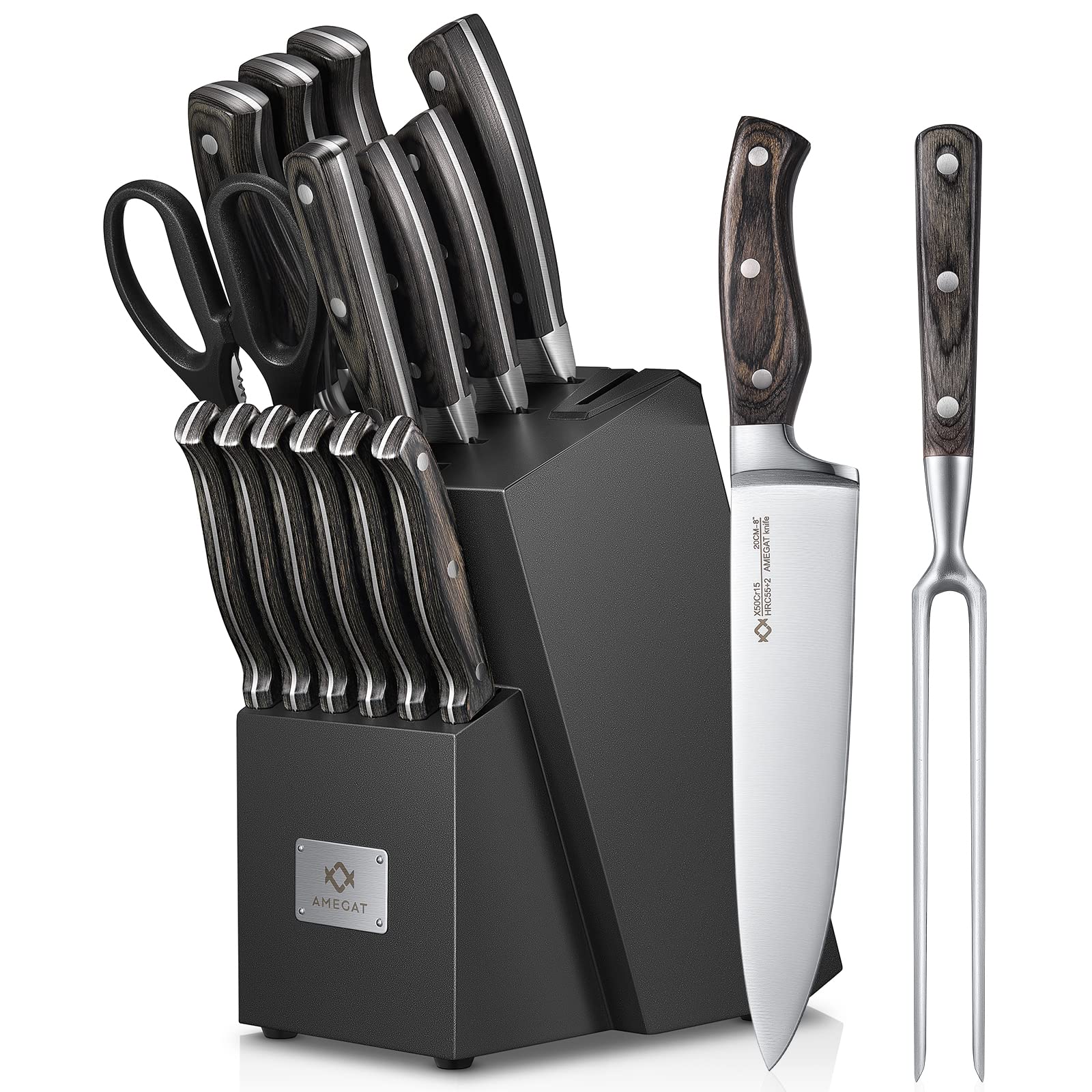 AMEGAT 15-Piece Knife Set with Built-in Sharpener and Carving Fork, Ultra Sharp Knife Block Set with Full Tang Design & Wooden Handle, High Carbon Stainless Steel Knife Sets for Kitchen with Block