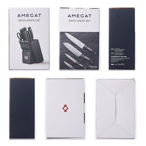 AMEGAT 15-Piece Knife Set with Built-in Sharpener and Carving Fork, Ultra Sharp Knife Block Set with Full Tang Design & Wooden Handle, High Carbon Stainless Steel Knife Sets for Kitchen with Block