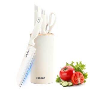 Knife Set for Kitchen, Retrosohoo 5-Pieces White Cooking Knife Set with Storage Knife Holder, Sharp Stainless Steel Knife Block Set for Cutting Slicing Dicing Chopping (White)