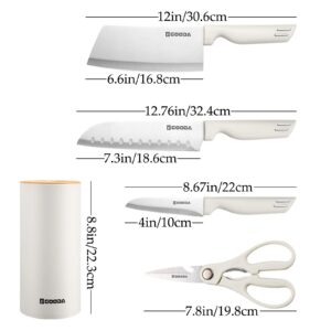 Knife Set for Kitchen, Retrosohoo 5-Pieces White Cooking Knife Set with Storage Knife Holder, Sharp Stainless Steel Knife Block Set for Cutting Slicing Dicing Chopping (White)