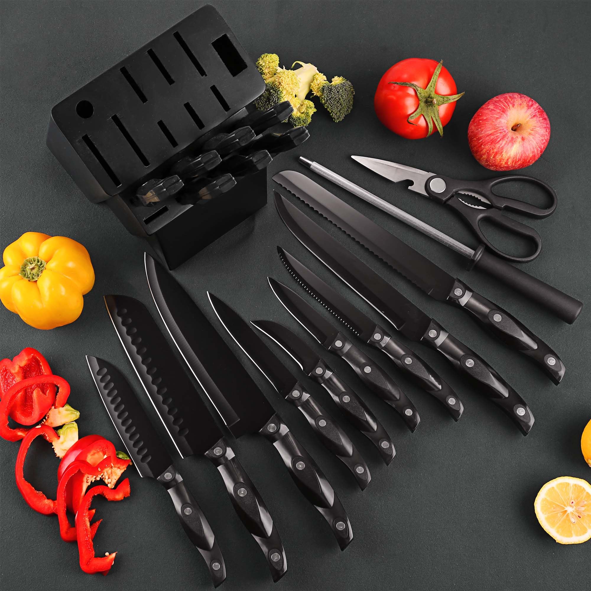 Knife Set, Meythway Kitchen Knife Set 19-Piece with Wooden Block, Premium Stainless Steel Knife Block Set, Dishwasher Safe Kitchen Knives, Ultra Sharp, Full-Tang Design with Black Coating