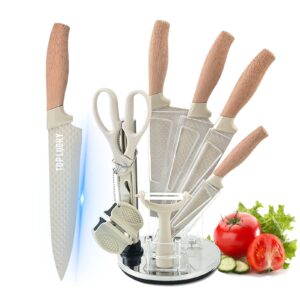 Kitchen Knife Set, 8-Pieces Khaki Sharp Chef Knife Set with Block, Knife Block Set with Diamond Grain Non-stick Knife Blade, Stainless Steel Cooking Knives Suitable for Home Restaurant Apartment