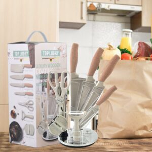 Kitchen Knife Set, 8-Pieces Khaki Sharp Chef Knife Set with Block, Knife Block Set with Diamond Grain Non-stick Knife Blade, Stainless Steel Cooking Knives Suitable for Home Restaurant Apartment