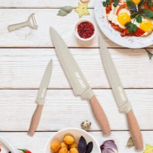 Kitchen Knife Set, 8-Pieces Khaki Sharp Chef Knife Set with Block, Knife Block Set with Diamond Grain Non-stick Knife Blade, Stainless Steel Cooking Knives Suitable for Home Restaurant Apartment