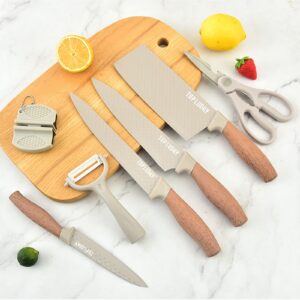 Kitchen Knife Set, 8-Pieces Khaki Sharp Chef Knife Set with Block, Knife Block Set with Diamond Grain Non-stick Knife Blade, Stainless Steel Cooking Knives Suitable for Home Restaurant Apartment