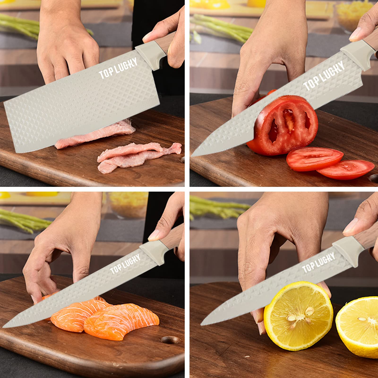 Kitchen Knife Set, 8-Pieces Khaki Sharp Chef Knife Set with Block, Knife Block Set with Diamond Grain Non-stick Knife Blade, Stainless Steel Cooking Knives Suitable for Home Restaurant Apartment