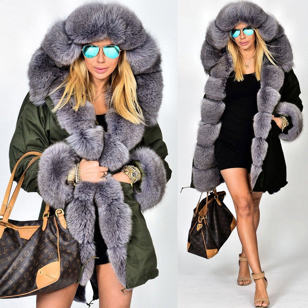 Roiii Women Thicken Warm Winter Coat Hood Down Parka Faux Fur Outdoor Overcoat Long Jacket Outwear