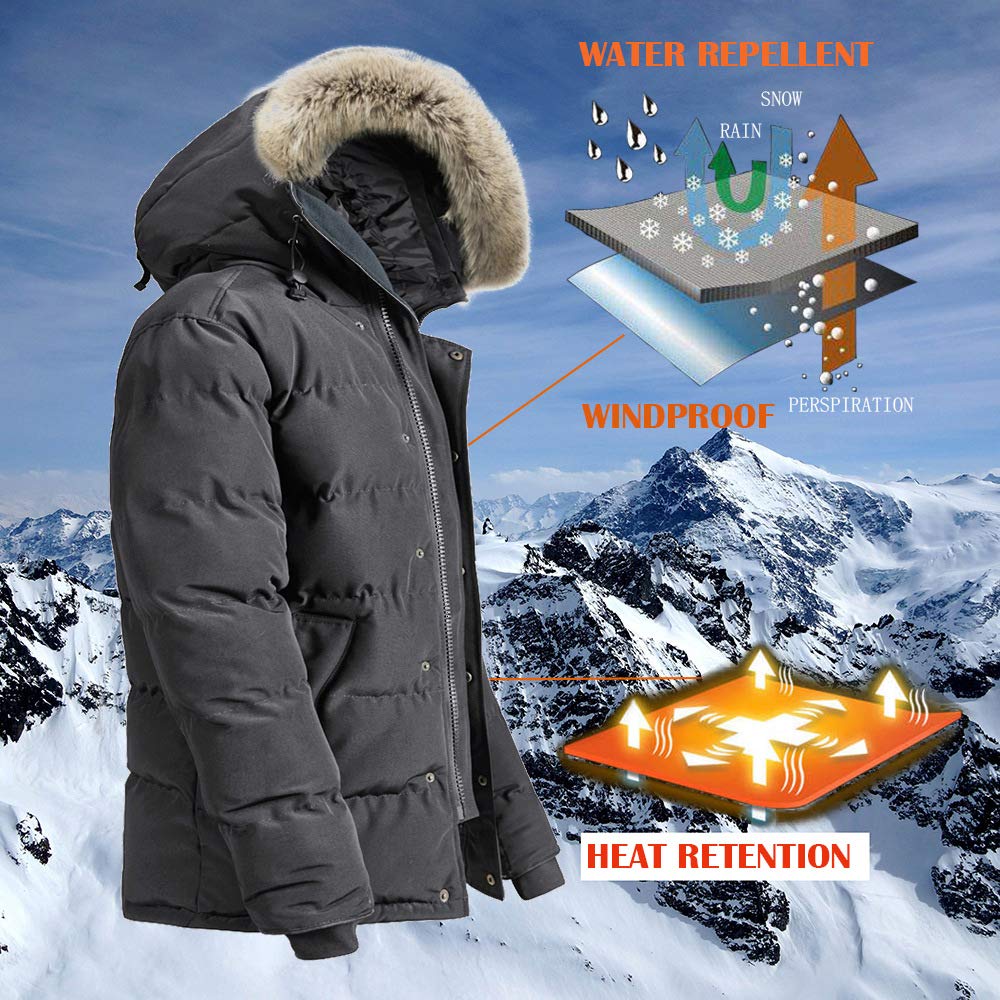 FREDRM Men's Winter Coat Water-Repellent Windproof Fur Hooded Thicken Long Parka Puffer Jacket (gray-1, L)