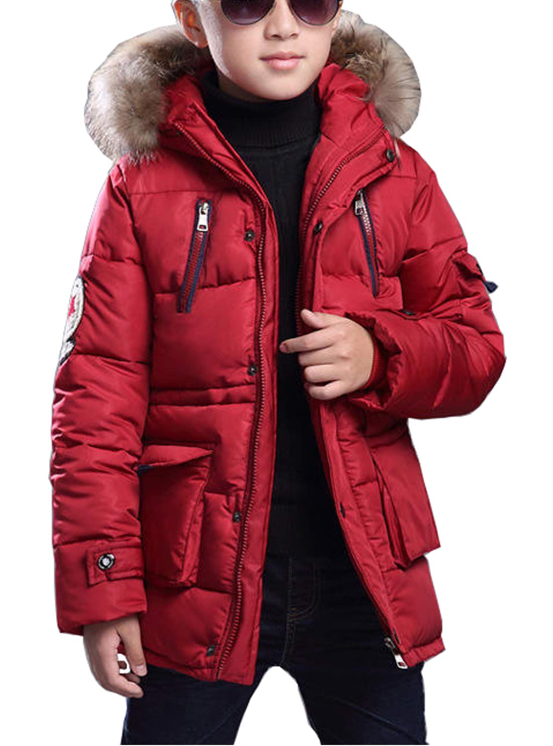 FARVALUE Boy Winter Coat Warm Quilted Puffer Water Resistant Parka Jacket with Detachable Fur Hood for Big Boys Red 6-7