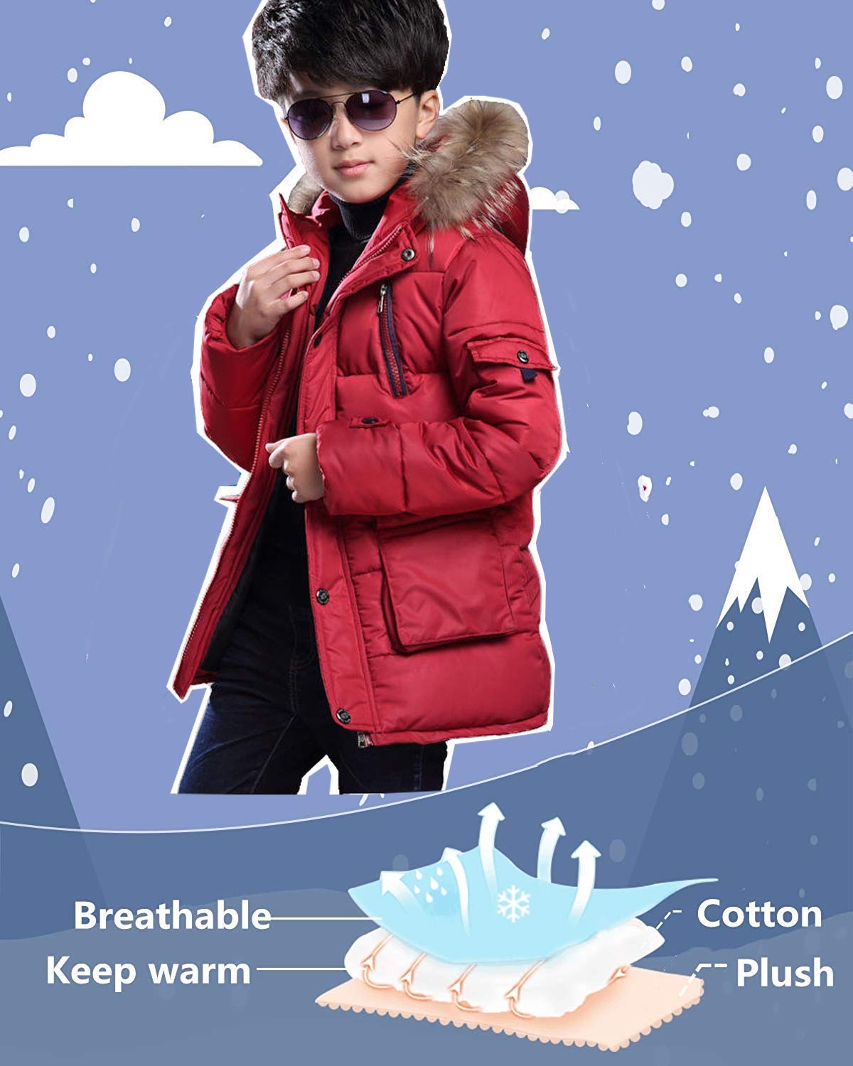 FARVALUE Boy Winter Coat Warm Quilted Puffer Water Resistant Parka Jacket with Detachable Fur Hood for Big Boys Red 6-7