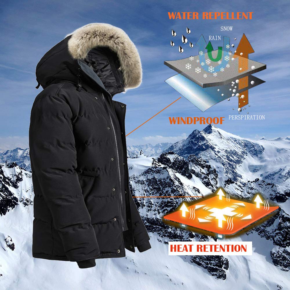 Men's Winter Coat Water-Repellent Windproof Fur Hooded Thicken Long Parka Puffer Jacket (black-1, L)