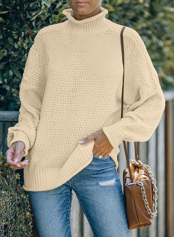 Dokotoo Women's Turtleneck Batwing Long Sleeve Solid Chunky Knit Sweater B Beige