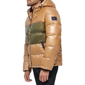 Tommy Hilfiger Men's Hooded Puffer Jacket, Pearlized Khaki/Olive, Small