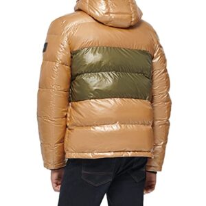 Tommy Hilfiger Men's Hooded Puffer Jacket, Pearlized Khaki/Olive, Small