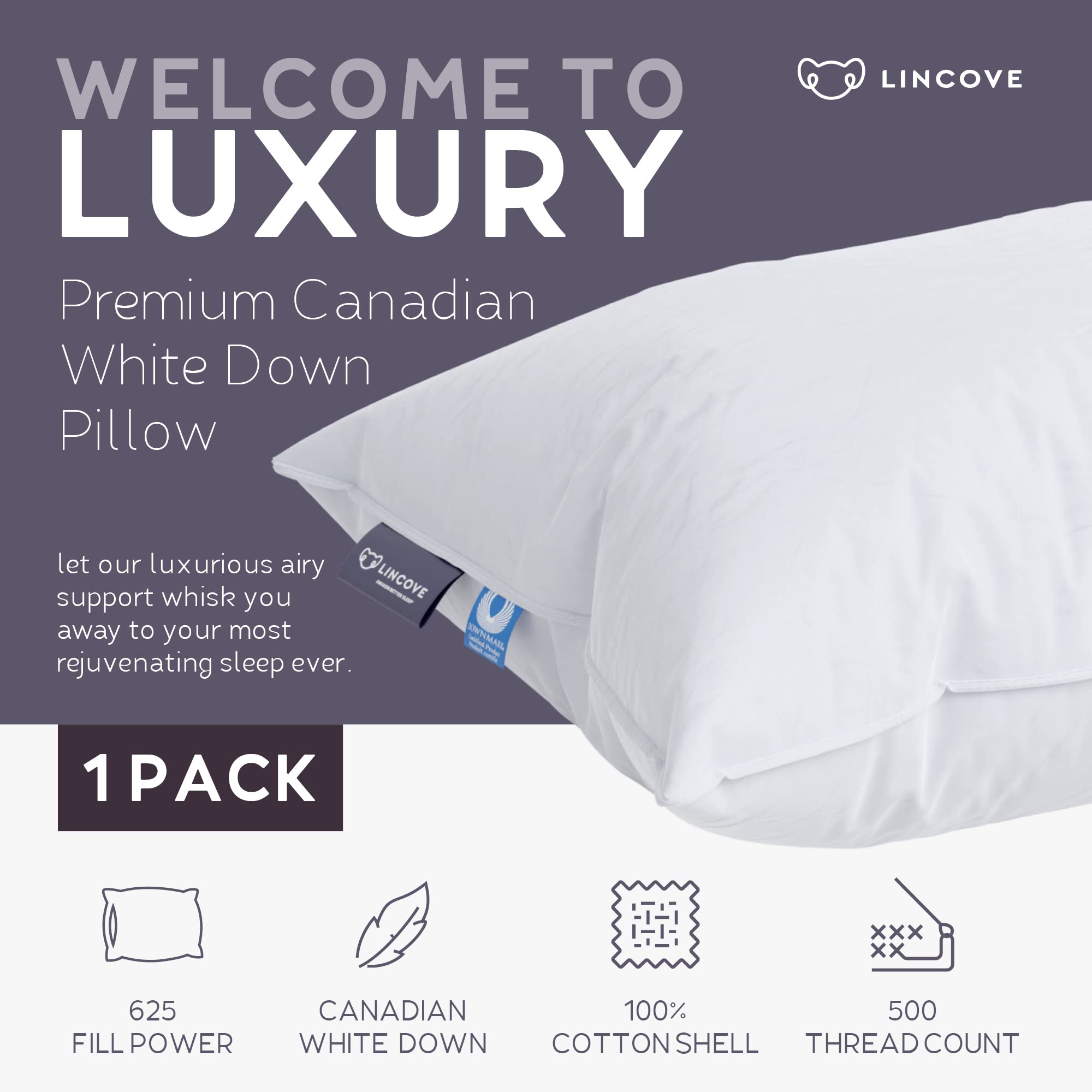 Lincove Cloud Natural Canadian White Down Luxury Sleeping Pillow - 625 Fill Power, 500 Thread Count Cotton Shell, Made in Canada, Standard - Soft, 1 Pack