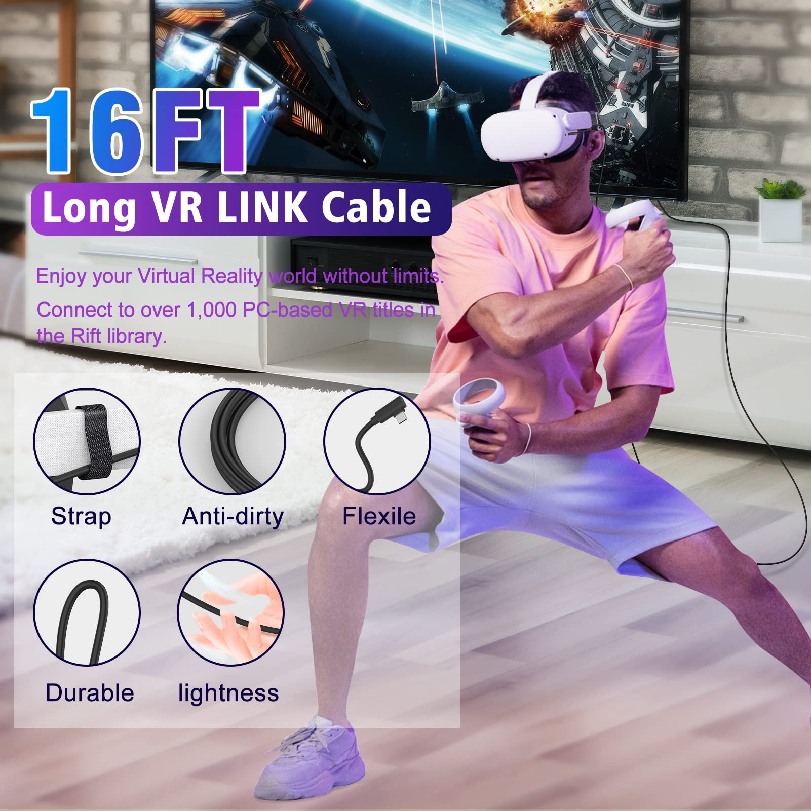 VR Link Cable for Meta Oculus Quest 2 / Quest Pro, 16FT (5M) Virtual Reality Headset Cord Access PC VR and Steam VR Games, USB 3.2 Gen 1 High Speed Data Transfer Brings You Smooth, HD VR experience