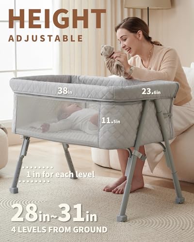 AirClub Bassinet Bedside Sleeper, Baby Bed Crib for Newborn, Bedside Crib Sleeper with 4 Auto-Lock & Adjustable Height, Breathable Mesh&Mattress